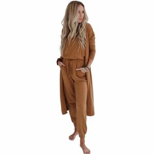 Three Bird Nest Set to Go Textured Jumpsuit And Cardigan Set in Camel Size Large